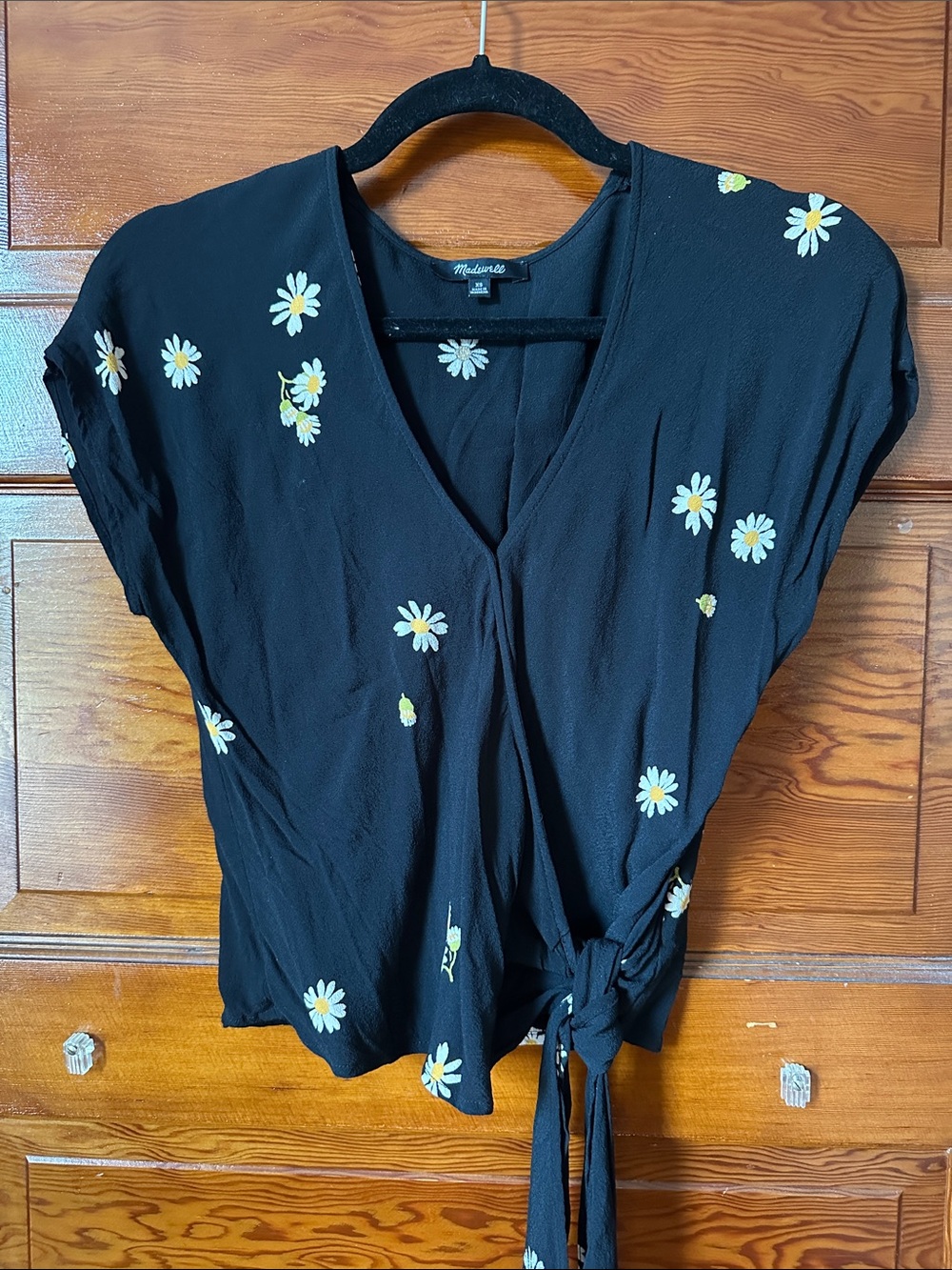 Madewell Black Daisy Tie-Waist V-Neck Blouse